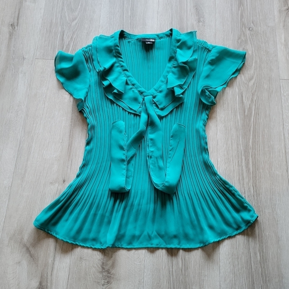 Women's Large Petite East 5th Green Tie Front Blouse